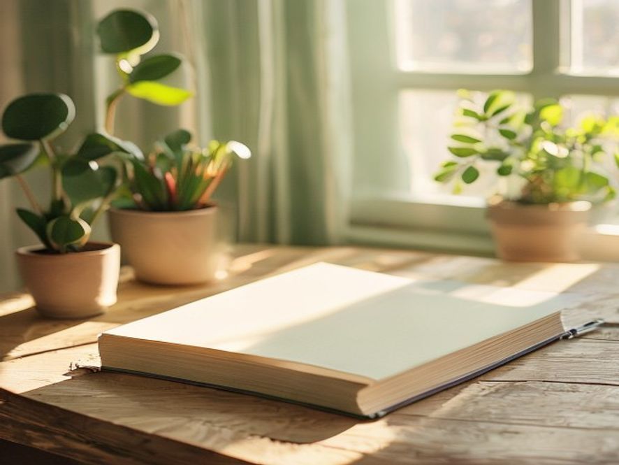 Quiet study space with soft window light, calm atmosphere