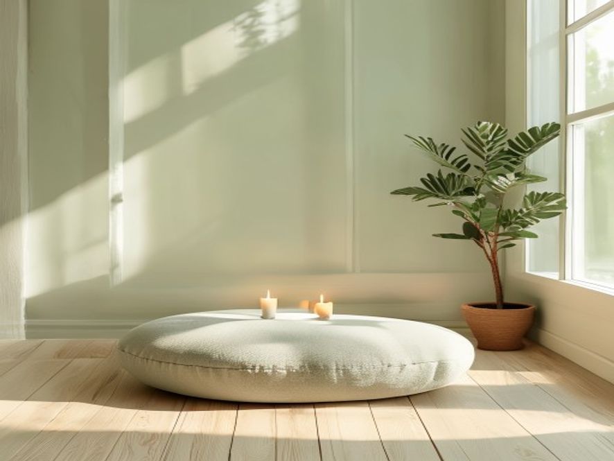 Minimal meditation corner with cushion and plant by window